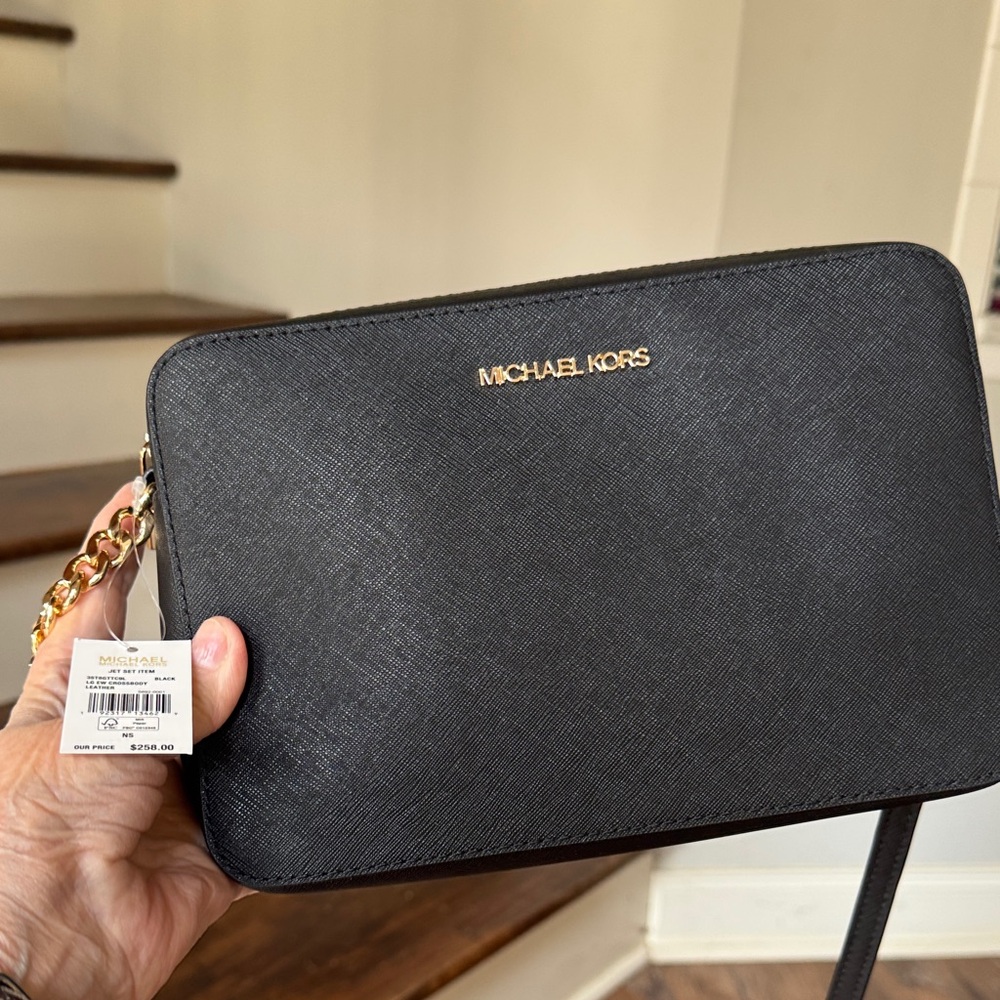Michael Kors Black Saffiano Leather Camera Crossbody with Gold Hardware NWT